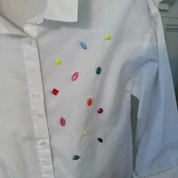 Zara Girls Button Up White Shirt With Multi Color Jeweled Accents Size 13-14 - Picture 2 of 9